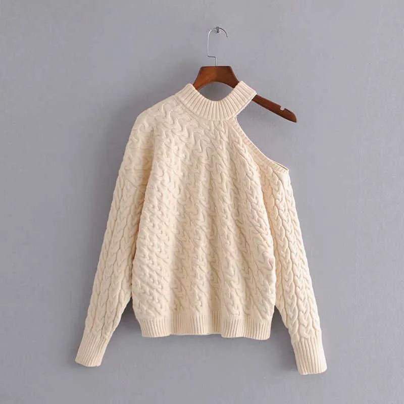 Za Off Shoulder Cable Knit Sweater Women Fashion Long Sleeve Cut Out Ribbed Vintage Sweaters Woman Pullover Knitted Top 210602