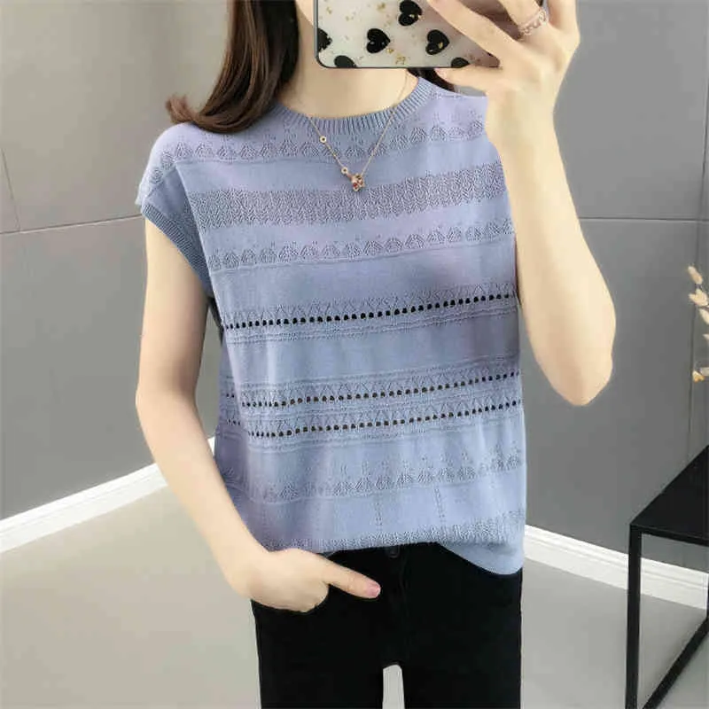 Plus Size Hollow Out T-shirt à manches courtes Femmes Style coréen Solid Mom's Knitted Tees Casual Summer O-Neck Knitwear tops Femme 210522