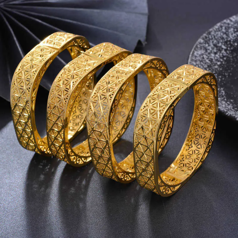 Dubai Cold Color Bangles for Women Middle Eastern Arab/dubai Gold Color Patterned Copper Bracelets Girls Jewelry Can Open Q0717