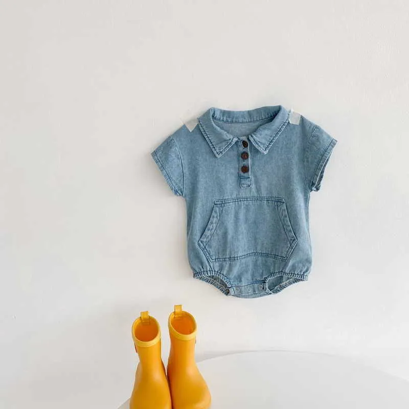 Style coréen été bébé filles body bleu Denim poche manches courtes combinaison né vêtements mignon E2475 210610