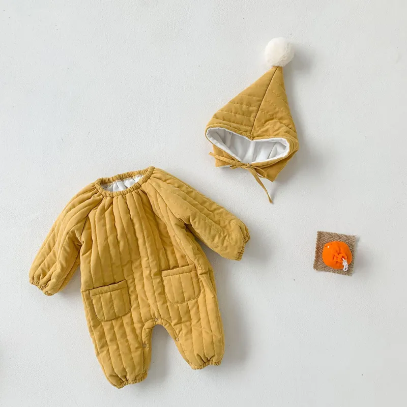 Zima urodzona kombinezony bawełniane wyściełane z długim rękawem z długim rękawem ciepłego rompienia dla dziecięcych dziewczynek słodkie ubrania zestaw 0-24m 210515