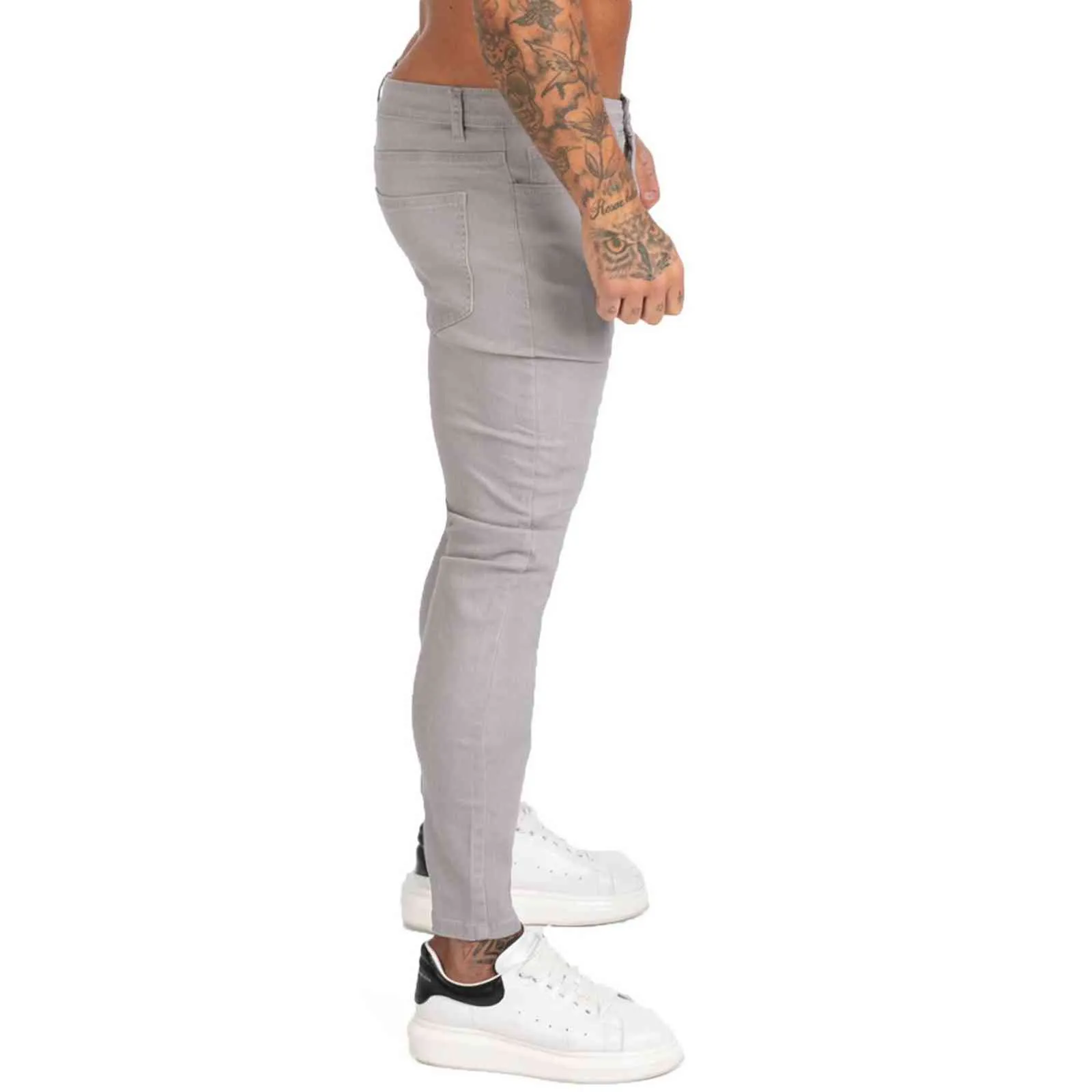 GINGTTO Denim Pants Men Skinny Slim Fit Grey Jeans for Hip Hop Ankle Tight Cut Closely to Body Big Size Stretch zm175 211111