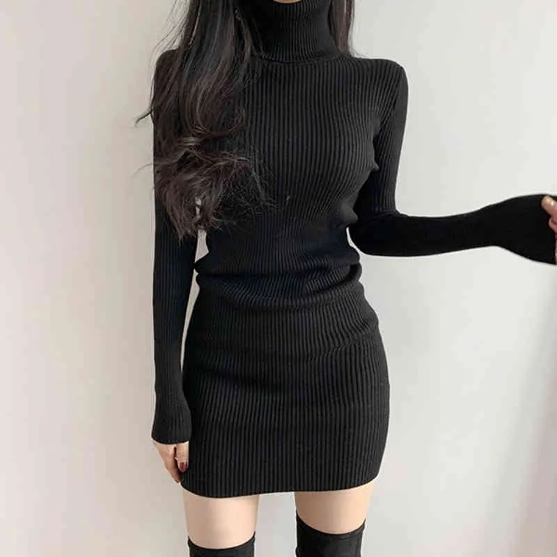 Solide Rippstrick Rollkragen Langarm Winter Pullover Mini Kleider für Frauen Herbst Bodycon Dame Kurze Schwarze Etuikleid 210415