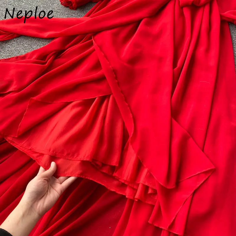 Neploe Red Temperament Long Dress Women High Waist Hip Long Slim Vestdidos Summer Bohemian Holiday Robe 210510