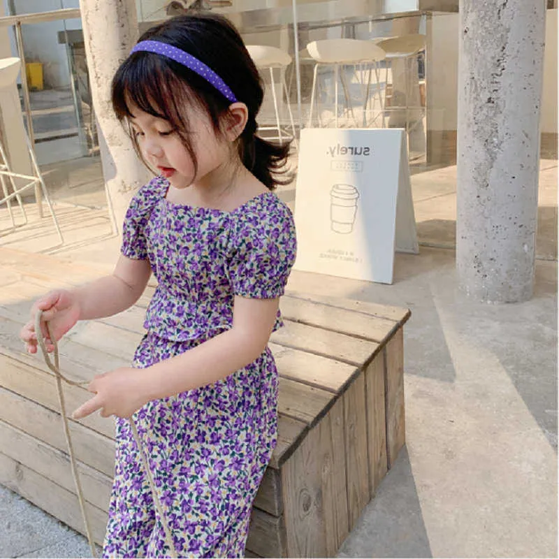 Girls Suit Plaid Floral U-Neck Blouse +Trousers Summer Fashion Baby Kids Cute Children'S Clothing 210625