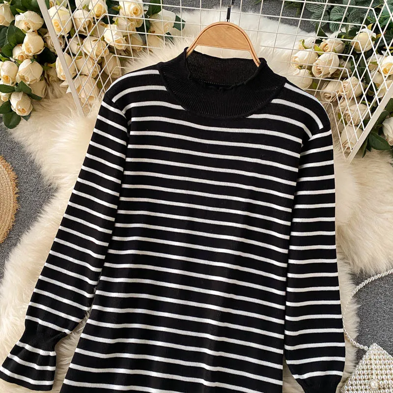 Singreiny Retro Stripe Stickad Klänning Kvinnor Koreansk Fashion Casual Loose Långärmad Klänning Höst Design Splice Lace Ruffles Klänning 210419