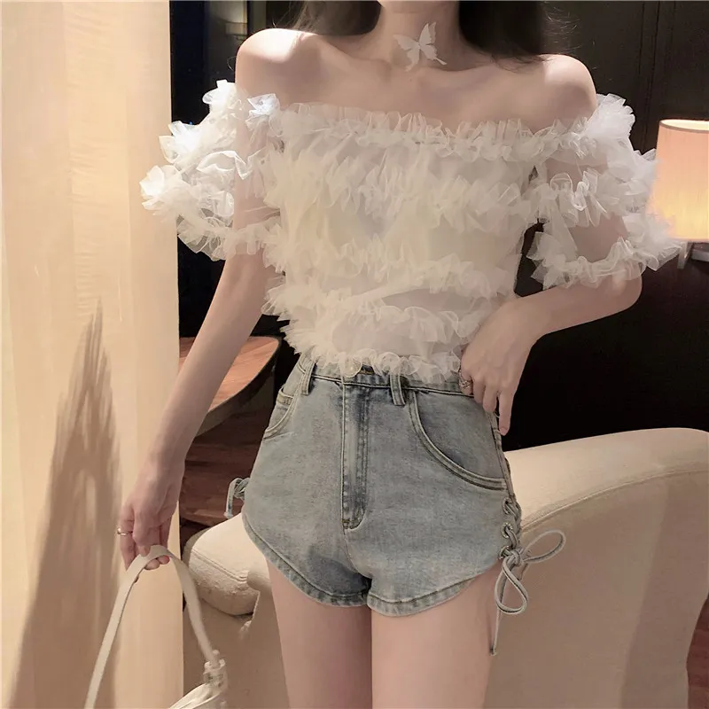 Mode Sexy Crop Tops Sommer Chic Slash Neck Spitze Chiffon Bluse Frauen Rüschen Kuchen Kurzarm Kleidung Blusas De Mujer 210429