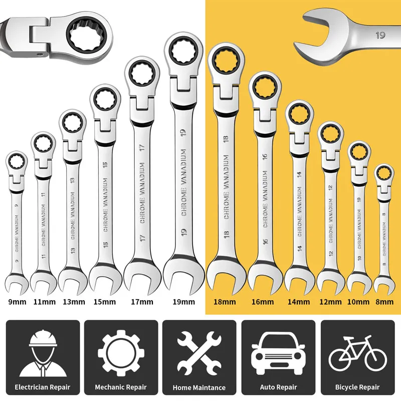 Flex Head Ratcheting Skiftnyckel Set Handverktyg, Kombination Avslutad Spännsats, Chrome Vanadium Steel Socket Key Ratchet