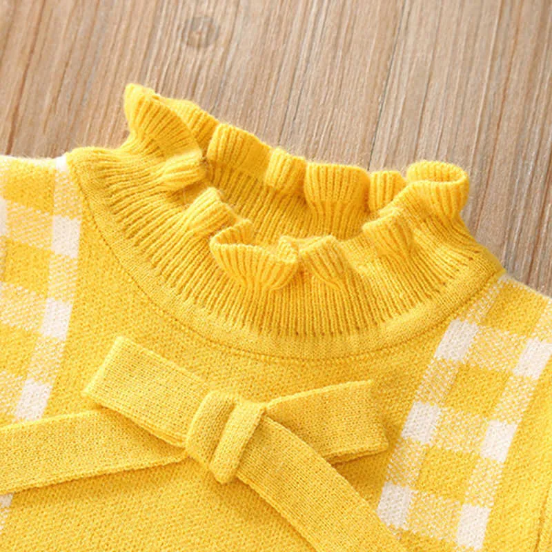 Девушки платье зима осень милые кружева половина высокой шеи поддельные подвески плед свитер вязаные 210611