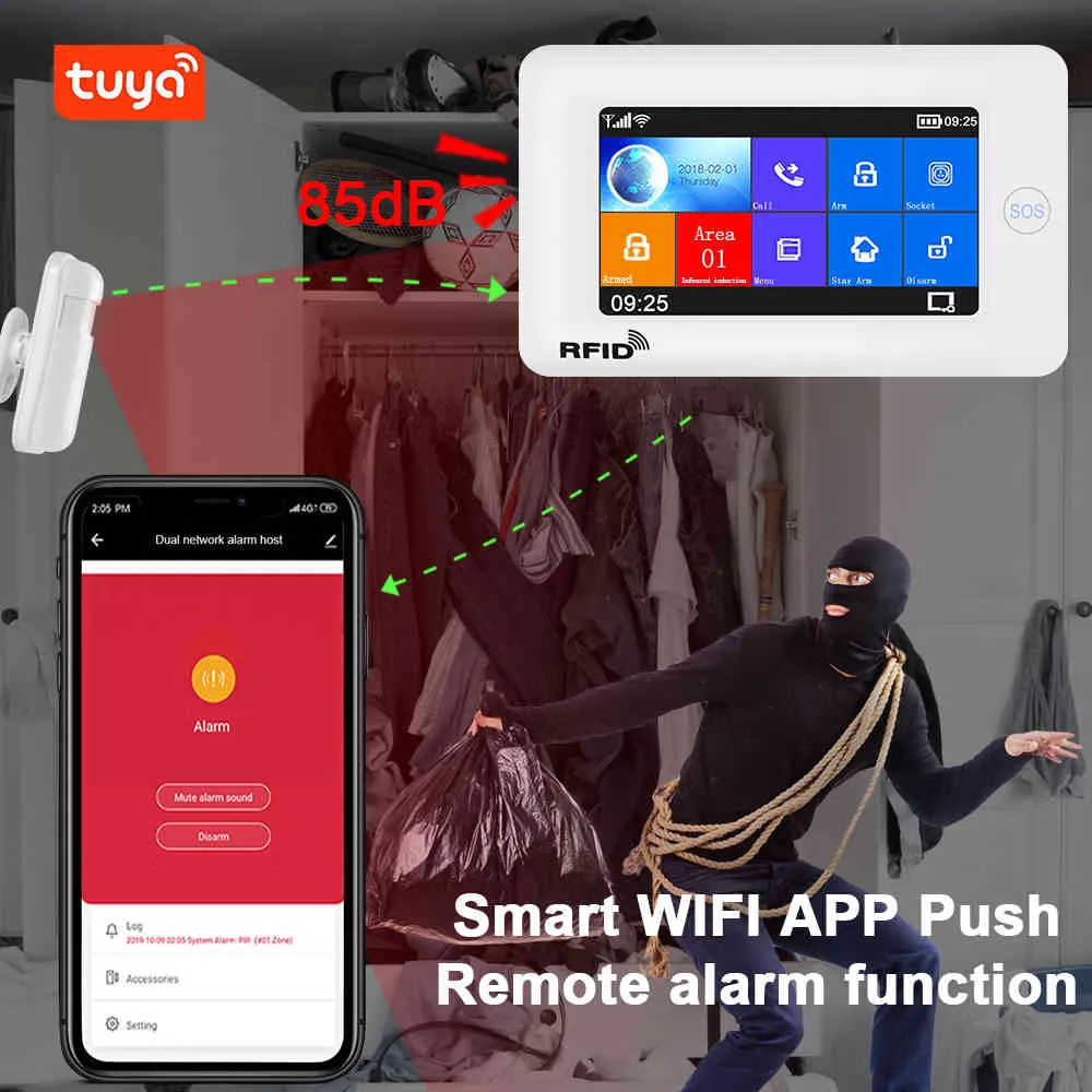 Le système d'alarme Awaywar prend en charge le cambrioleur de sécurité domestique intelligent WiFi et GSM compatible avec la caméra IP Tuya