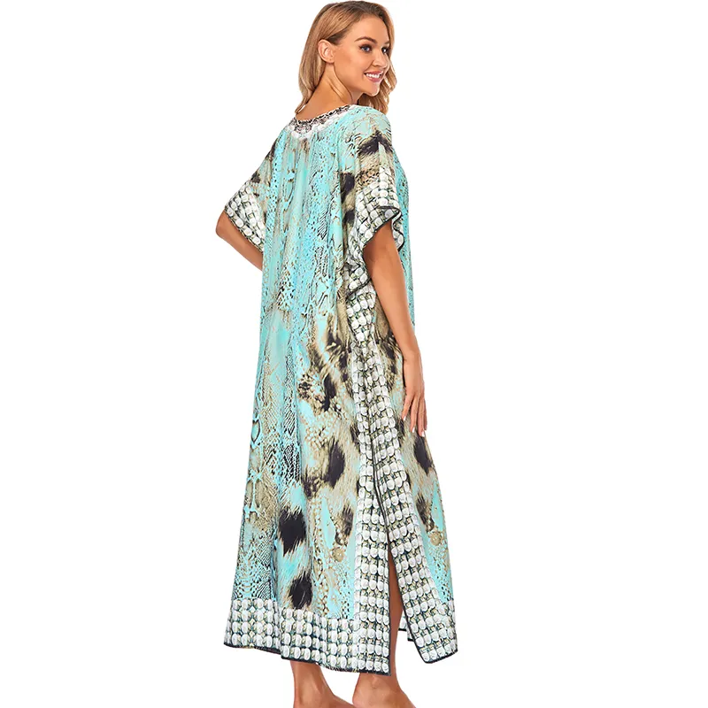 Print Beach Cover up Tunics for Long Kaftan Bikini Robe de Plage Sarong Swimsuit cover Q1211 210420