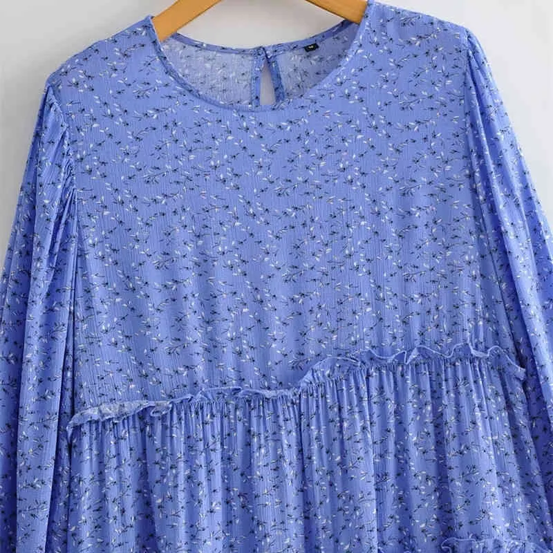 Casual Woman Blue Cascading Ruffles Bomull Mini Klänning Vår Fashion Ladies Print Dresses Kvinna Sweet Soft 210515