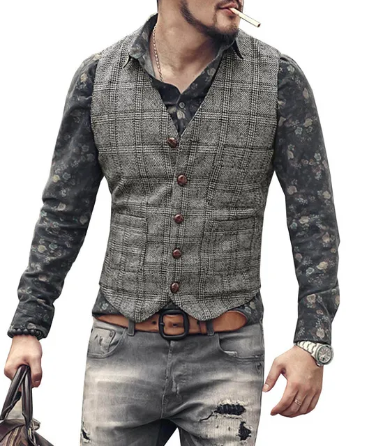 Mens suit vests brown black gray waistcoat punk style blazer vest man plaid steampunk jacket striped tweed v-neck slim fit wedding veste clothing