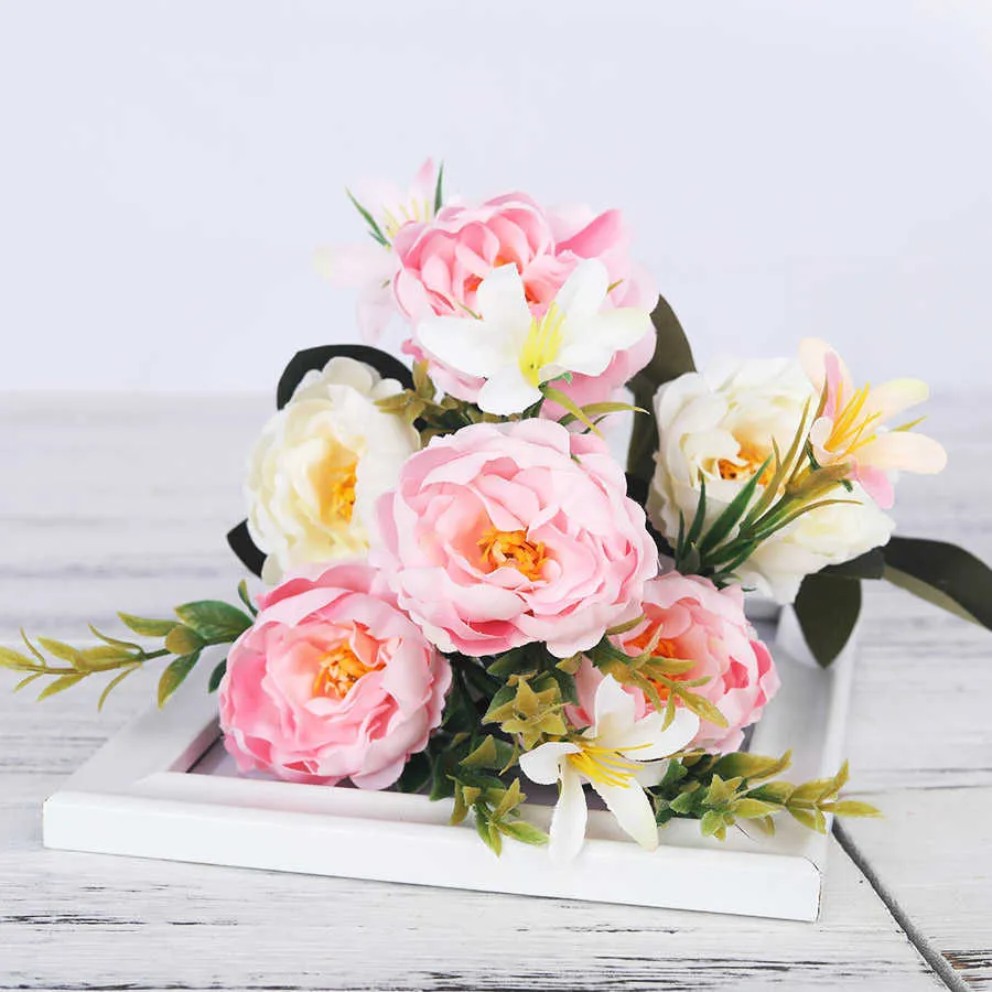 Pivoines artificielles fleurs bouquet de soie pour la décoration de mariage pas cher petites fausses fleurs décor à la maison bricolage de haute qualité chinois fait Y0630