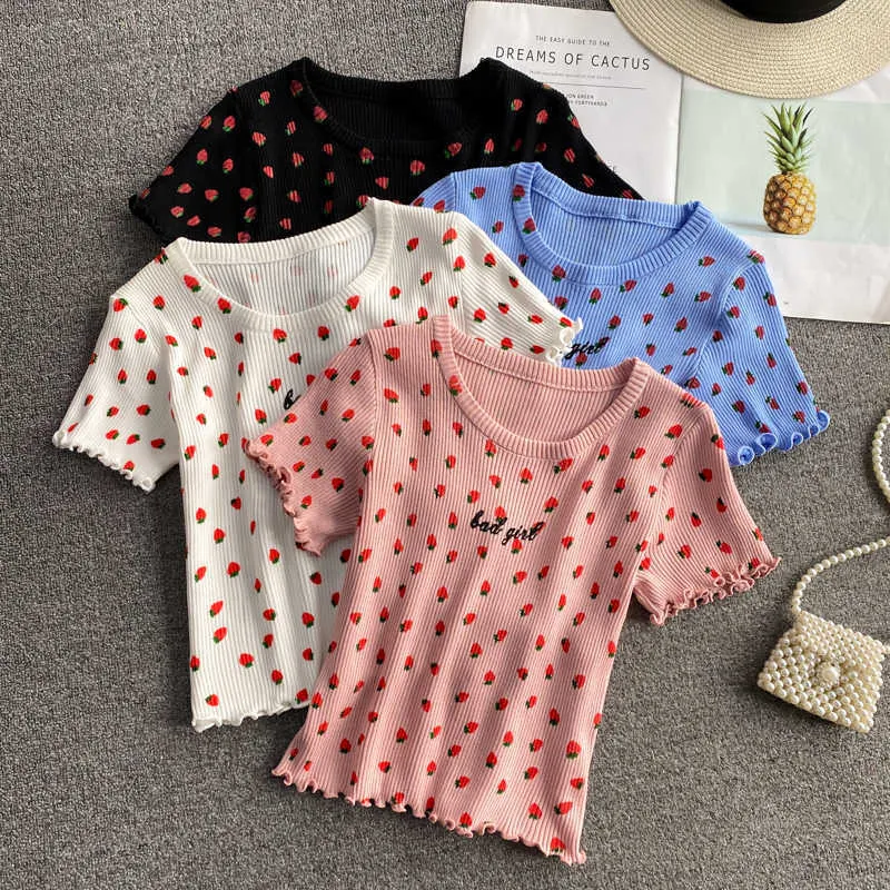 Sweet Retro Girls O Neck Short Sleeve Strawberry Print Tshirt Women High Waist Crop Tops Summer Wild Skinny Knitted Tees Chic 210610