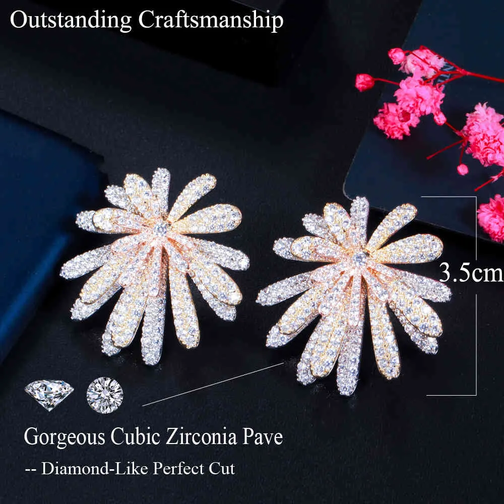 CWWZircons 3 tons or multicouche feu d'artifice fleur cubique zircone grandes boucles d'oreilles de luxe pour les femmes mariage bijoux de mariée CZ887