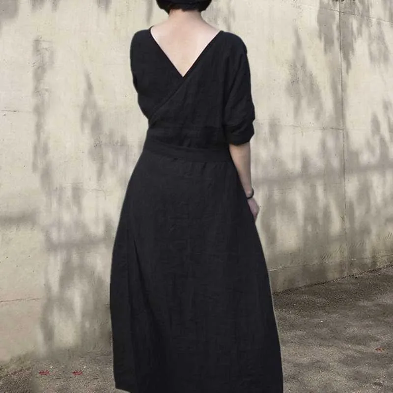 Femmes robe été bohème rétro lin es solide col rond Banquet noir coton élégant Vintage femmes 210623