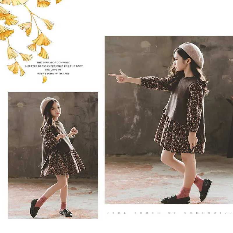 Spring Teenagers Girls 2-pcs Sets Floral Dress + Wool Vest Sweet Style Children Outwear Clothes E9908 210610