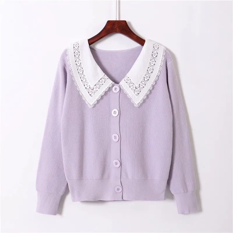 Höst Vinter Cardigans Fashion Lace Doll Collar Stitching Sweater Loose Casual Women's Trend Vintage 210420