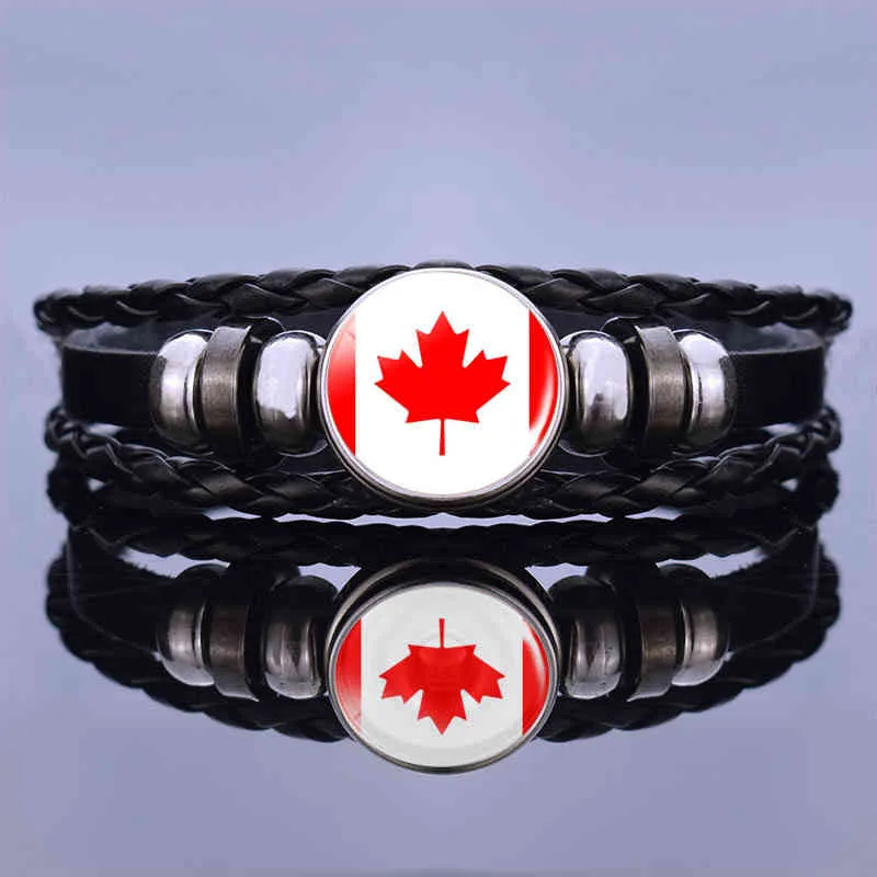 Nord America Bracciali Bangle Canada Messico Giamaica Bahamas Cuba Barbados Flag Bracciale cabochon in vetro con bottone in pelle nera