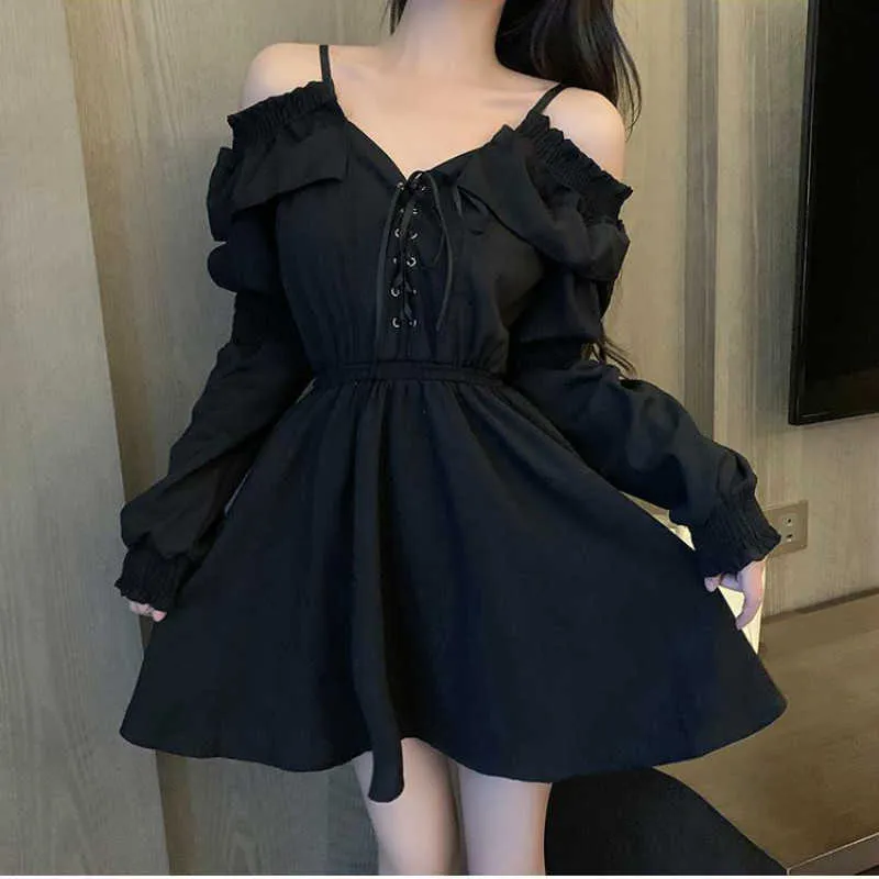 Gothic Schwarz Kleid Frauen Casual Taste Spitze Abend Party Sexy Mini Kleid Weibliche Lange Hülse einteiliges Kleid Koreanische 2020 herbst Y0603
