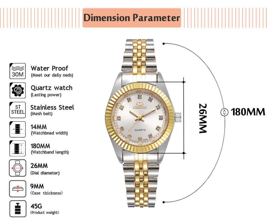 CHENXI, reloj de cuarzo clásico dorado y plateado para mujer, reloj elegante para mujer, relojes de regalo de lujo, reloj de pulsera resistente al agua para mujer 210720259S