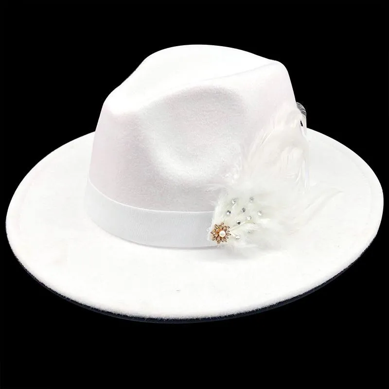 Chapeaux à large bord rouge luxe blanc patchwork feutre jazz chapeau casquette hommes femmes laine plate plume Fedora Panama Trilby Vintage210W