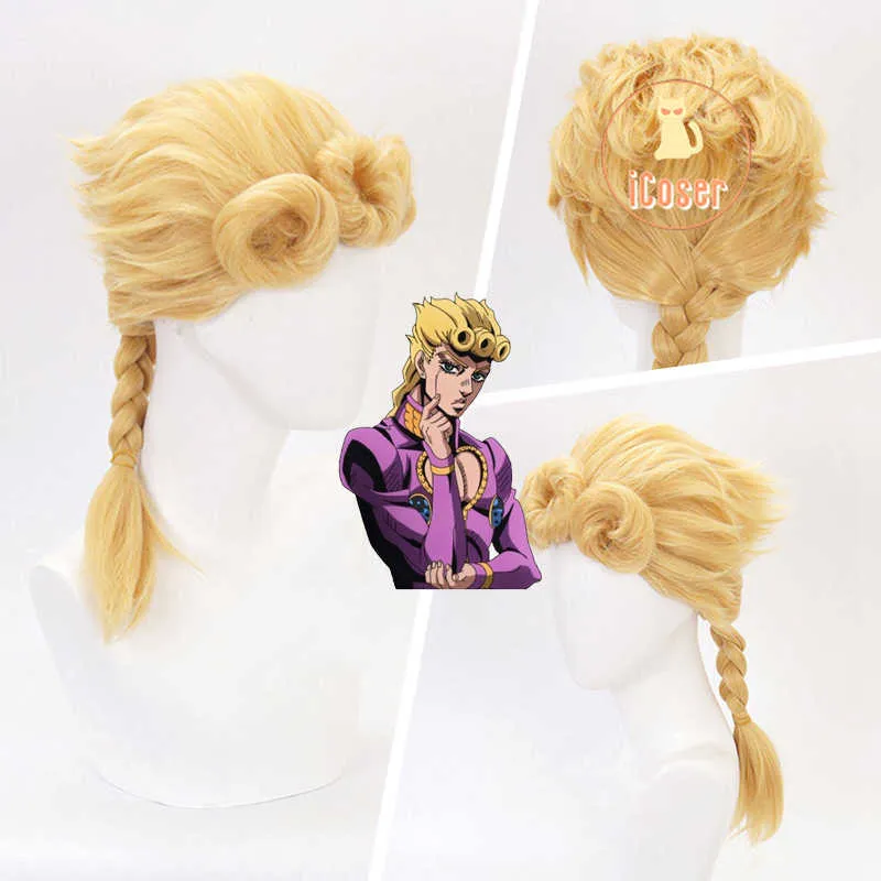 Giorno Giovanna Wig JoJo Bizarre Adventure Cosplay Golden Braided Oversized Curls Halloween Party Role Play Cap Y0913306s