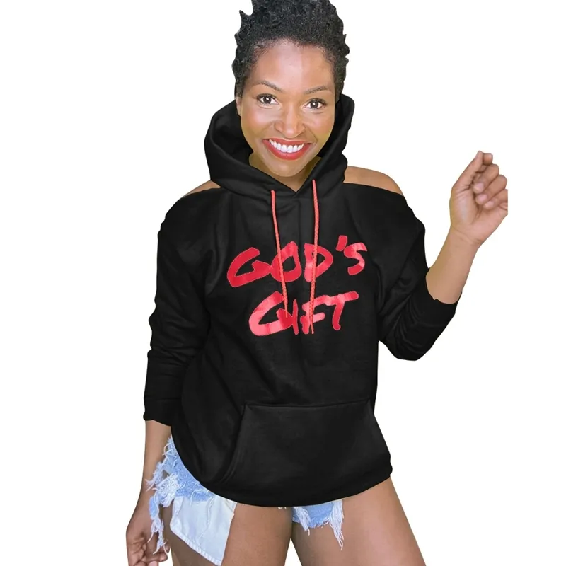 Cool Girl Sweatshirt Produit Lettre Imprimé Femmes Tunique Hors Épaule Mode Classique Pull À Capuche Rétro Top 210525