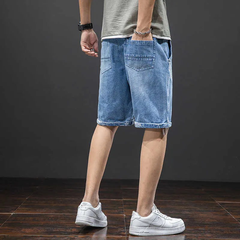 Grande taille été bleu jean court hommes genou longueur coton décontracté Baggy pantalon mâle rayé Denim Shorts 6XL 7XL 8XL 210716