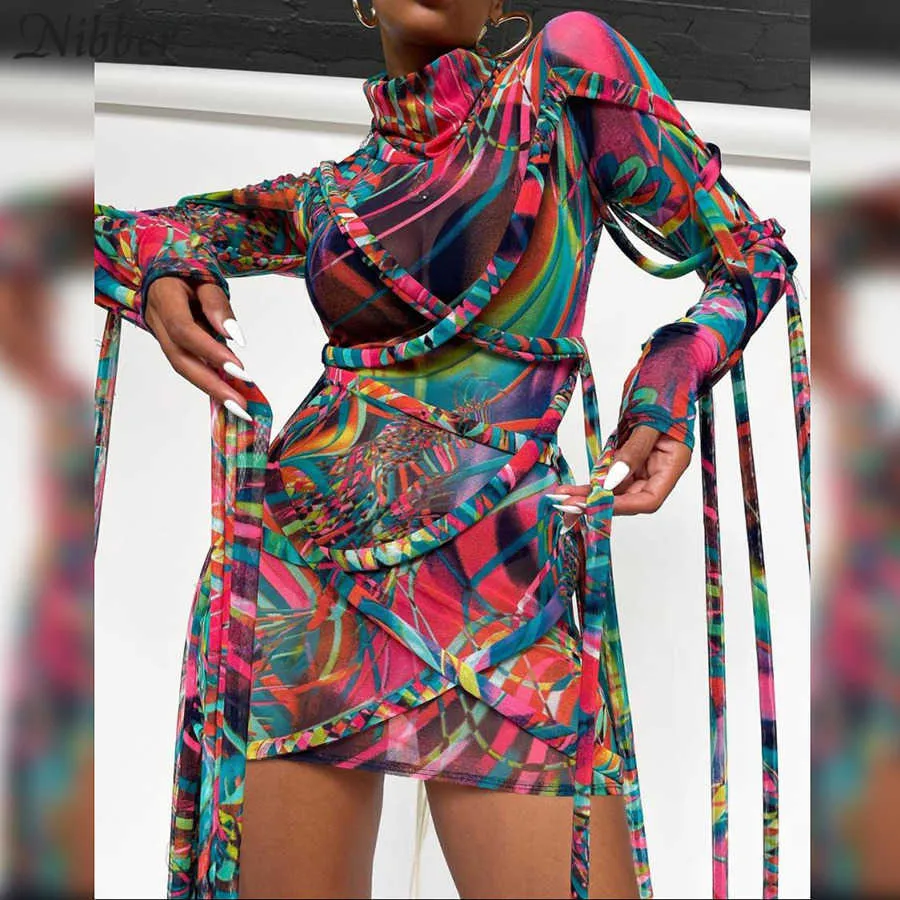 Nibber 2021 Maille À Manches Longues Évider Bandage Fendu Sexy Mini Robe Automne Hiver Femmes Mode Streetwear Tenues Y0726