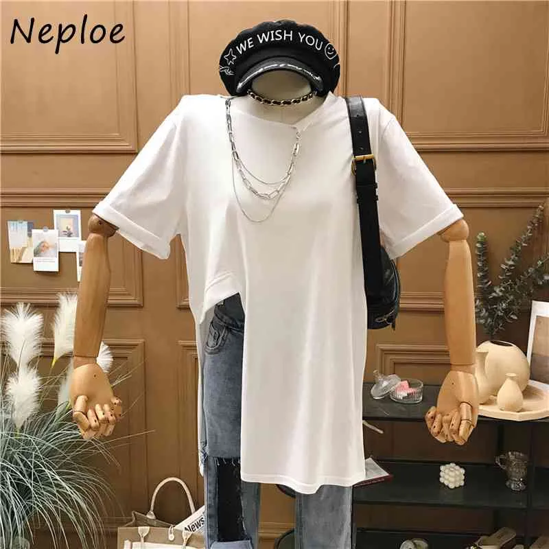 Neploe Side Split Deisgn Mode T-shirt Femmes O Cou Pull À Manches Courtes Tees Femme Lâche Causal Solide Dames Top Tout Match 210423