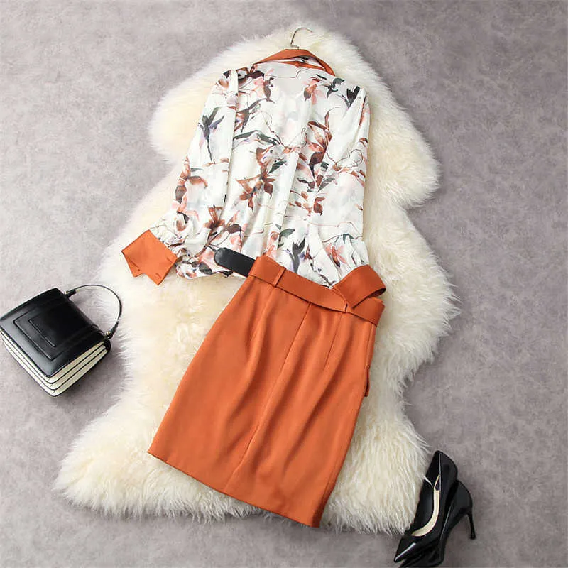 Elegant Designers Spring Women OL Outfits Fashion Long Sleeve Print Chiffon Shirt and Pencil Skirt Suit Sets 210601