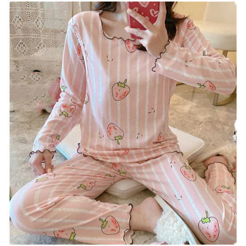 Lactancia materna Pijamas de maternidad Conjuntos de algodón Embarazo Ropa de mujer Ropa de dormir Top de manga larga + Pantalones Camisón de lactancia D0077 210918