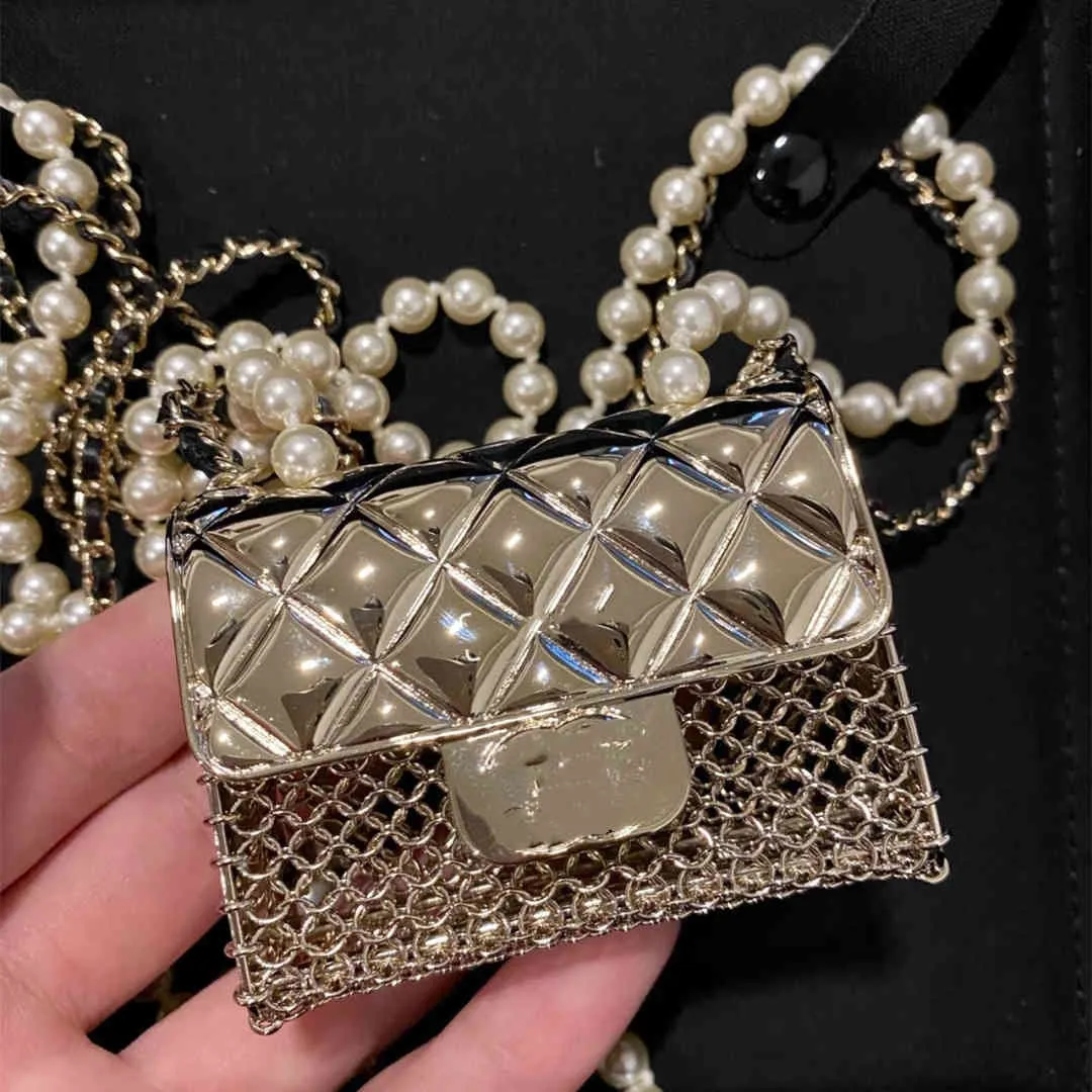 Vintage Chain Wedding Pearl Double Layer Mini Diagonal Metal Medium Heavy Industry Small Square Bag Necklace5691475