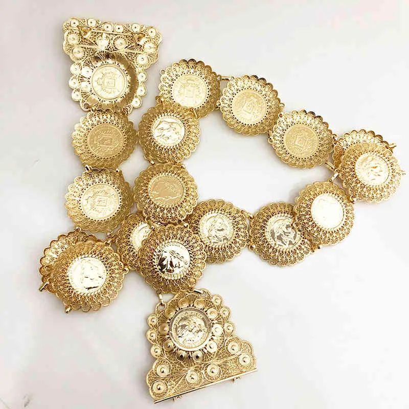 Algerisk gyllene metallbälte fransk mynt kedja blomma design kaftan bälten Algier Algeriet Traditionella semester smycken för kvinnor