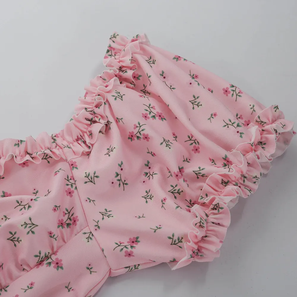 Foridol Ruffle Off Épaule Vintage Robe d'été Femmes Boho Slit Floral Print Robe longue Vintage A-ligne Rose Sundress 210415