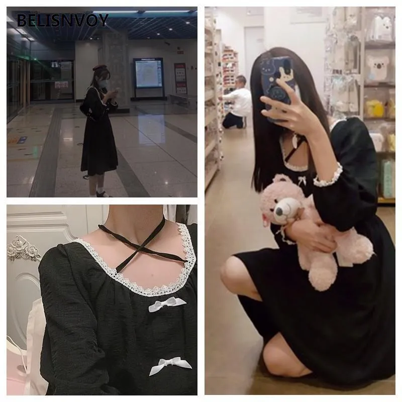 Japoński styl Harajuku Kobiety Vintage Dress Square-Collar Black Gothic Bow Sweet Girls Simple Chic Lolita Robe Femme 210520