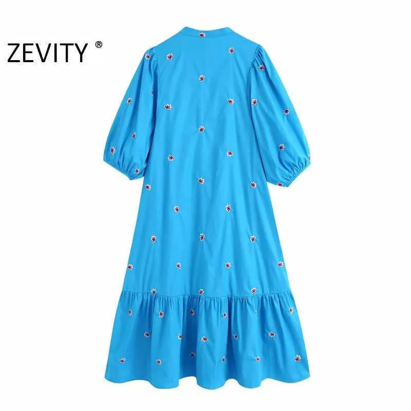 Zevity Femmes Vintage O Cou Fleur Broderie Chemise Robe Chic Lady Hem Plis Volants Robes Robes Midi Droites DS4171 210623