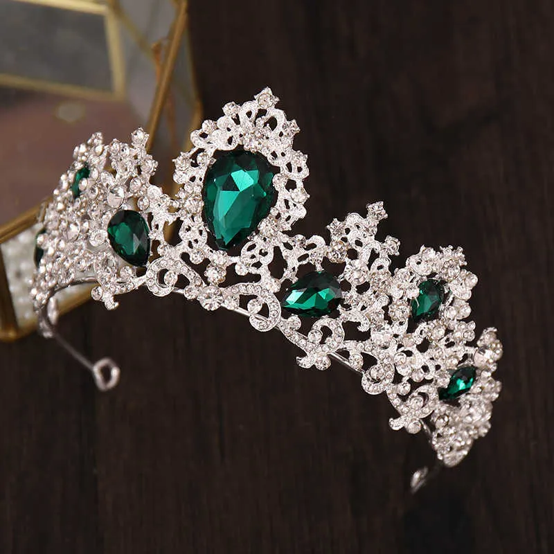Baroque luxe couleur argent rouge vert cristal diadèmes de mariée couronnes concours diadème bandeau accessoires de cheveux de mariage 21070126838259293107