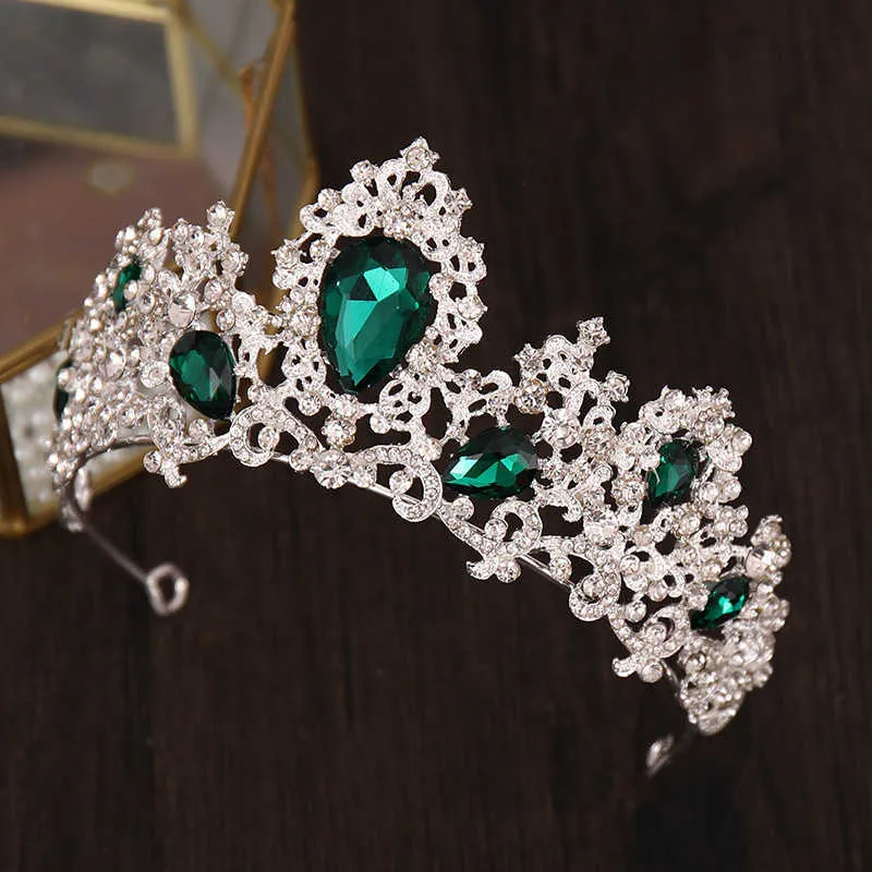 Baroque Luxury Silver Color Red Green Crystal Bridal Tiaras Crowns Pageant Diadem Headband Wedding Hair Accessories 210701