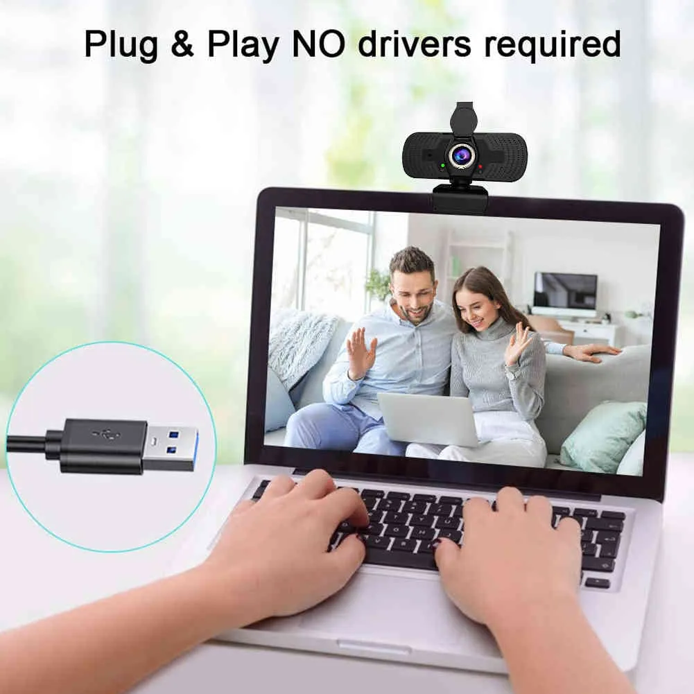 Full HD 1080p USB-webbkamera med inbyggd mikrofon + omslag 360 Rotationsdator Live Streaming Video Confe Webcam