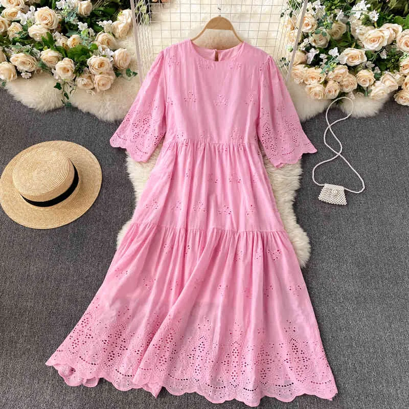 SINGREINY Elegant Solid Hollow Dress Women Korean O Neck Short Sleeve A-line Dresses Summer Casual Loose Streetwear Midi Dress 210419