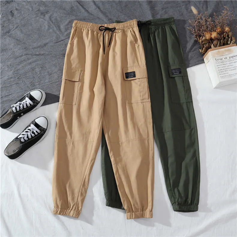 Outono calças de cintura alta soltas jogger harajuku streetwear harém camuflagem exército preto calças cargo 210531