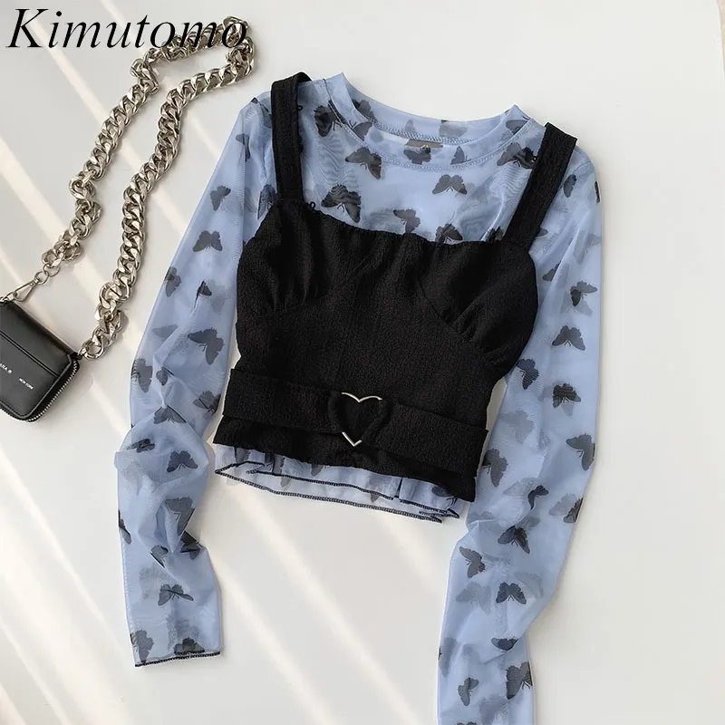 Kimutomo Fashion Casual Two Piece Set Summer Korean Long Sleeve Short Top Solid Black Sling Women Suit 210521