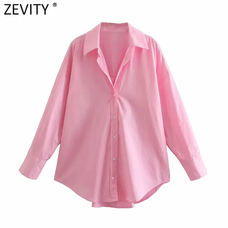 Zevity New Women Shried Single Breated Poplinピンクシャツオフィスレディ長袖ビジネスブラウスRoupas Chic Blusas Tops LS9288 210419