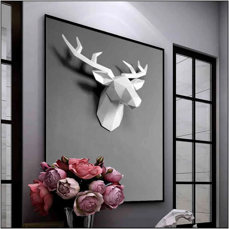 3D Resin Murals Home Wall Hanging Elk Statue Handmade Ornament Artwork Craft Small Size Deer Head Sculpture 210414