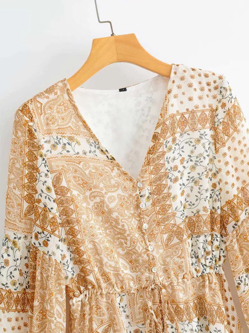 Elegant Women V-Neck Geomtric Print Dress Fashion Ladies Chiffon Vintage Female Chic Button Drawstring es 210527