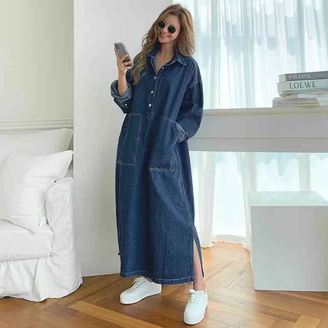 Denim Denim Dress Spring Spring Spring Sleeve Turndown Botões de colar