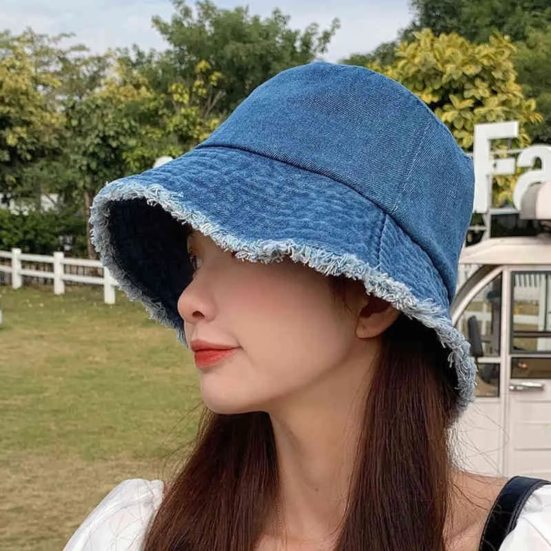 Women Denim Bucket Hats Foldable Fisherman Washed Flat Bucket Hat Outdoor Beach Sunhat Cap 3+M6013# Y220301